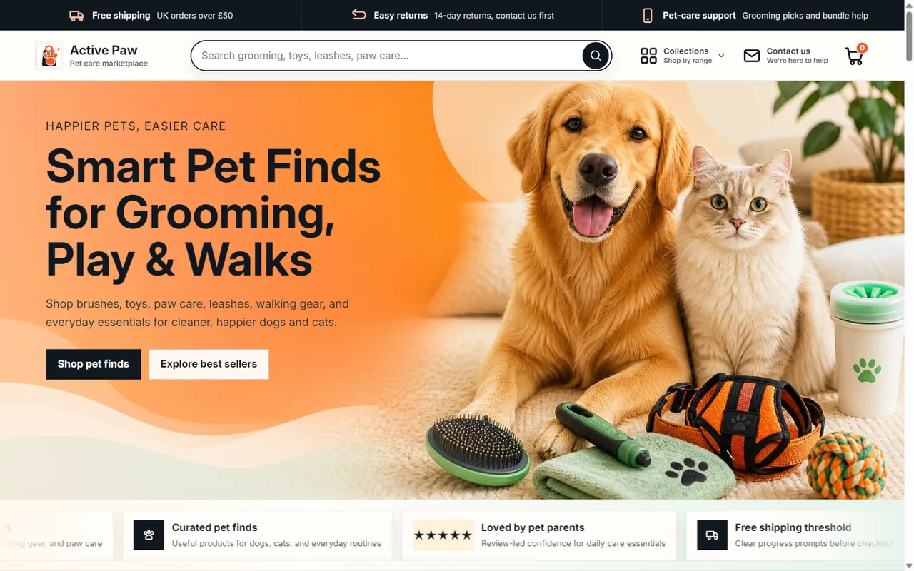Active Paw pet-care storefront homepage with featured collections
