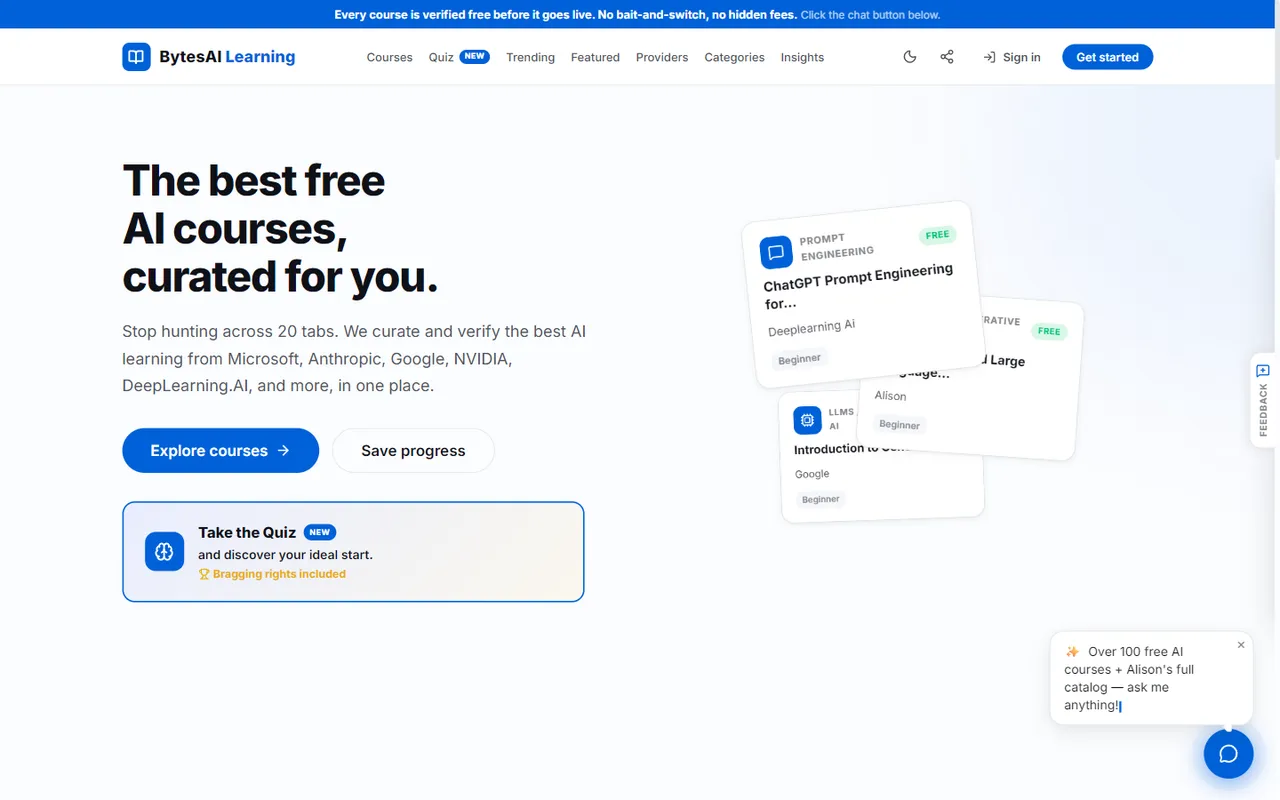 BytesAI Learn homepage: curated free AI courses with a searchable catalogue