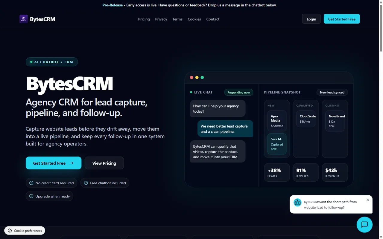 BytesCRM landing page showing the live lead-pipeline dashboard