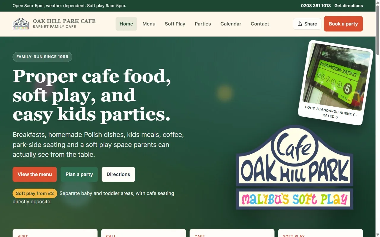 Oak Hill Park Cafe redesign hero with 5-star hygiene certificate and soft play info