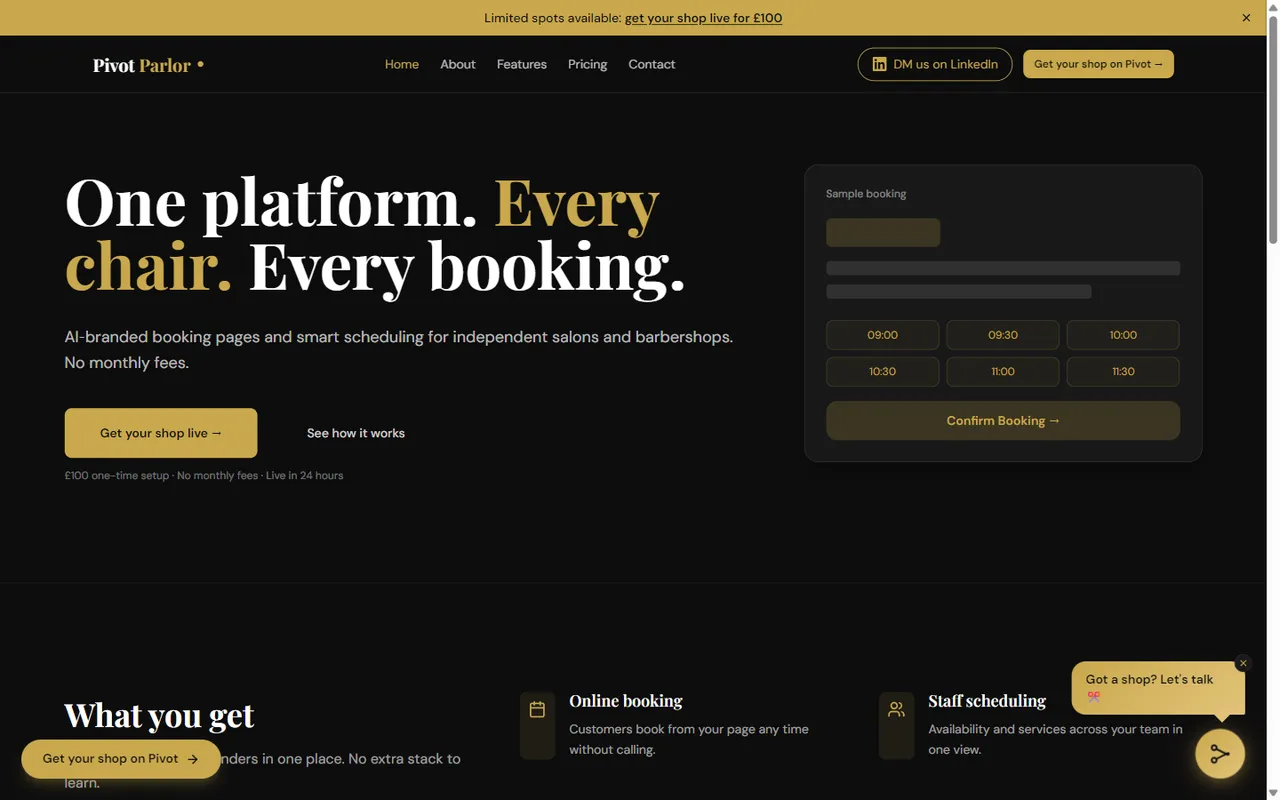 Pivot Parlor booking platform landing page with a sample booking widget