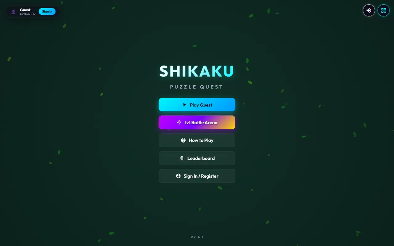 Shikaku: Puzzle Quest game menu with play and battle-arena options